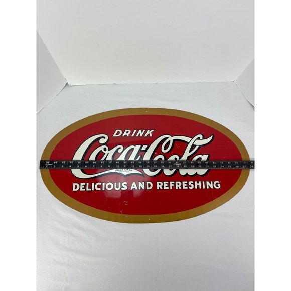 Vintage Drink Coca Cola Delicious And Refreshing Oval Tin Sign 28" x 15" - Picture 5 of 8